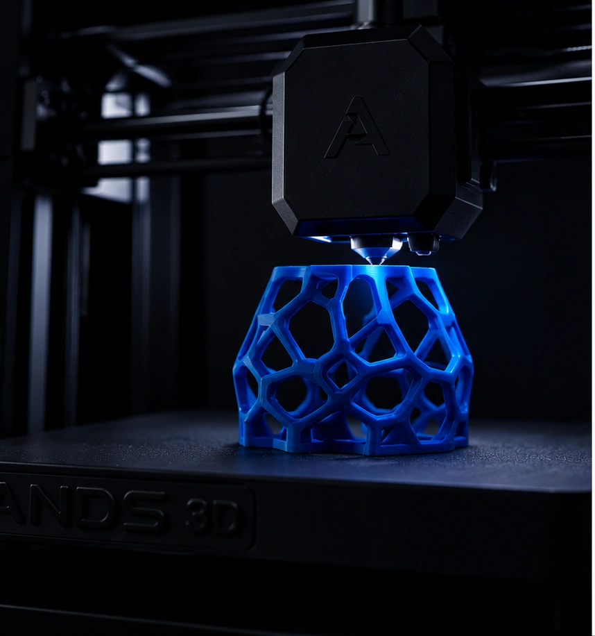 Impresora 3D de ANDS fabricando una pieza azul